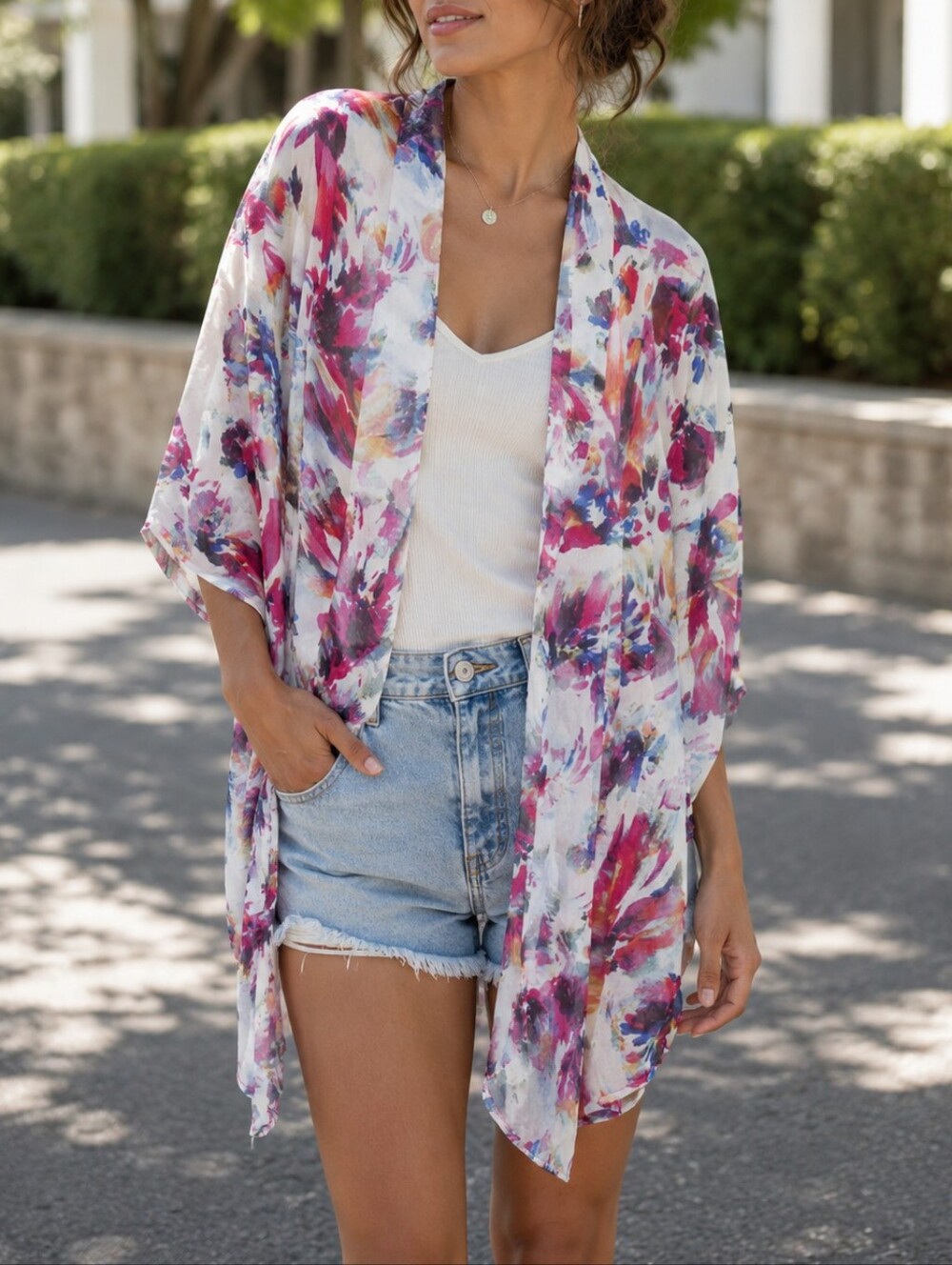 White Floral Brushstroke Open Front Kimono Lightweight Boho Duster Cover Up